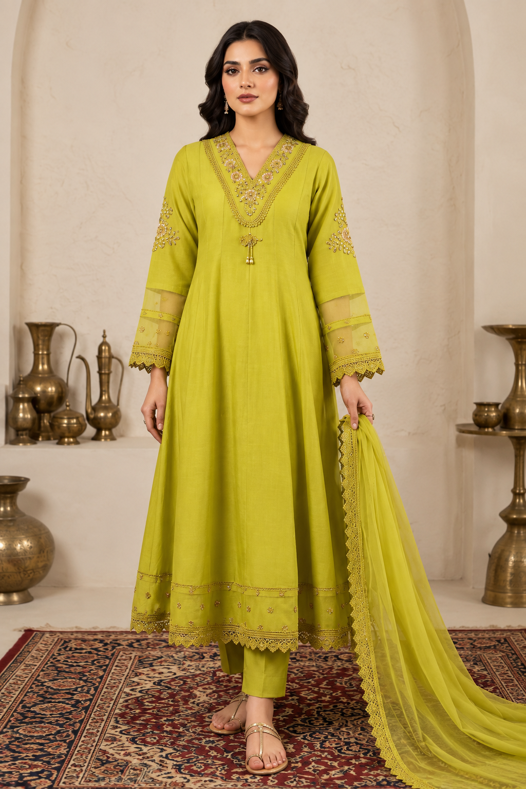 Lime Green Embroidered 3-Piece Kurti Set