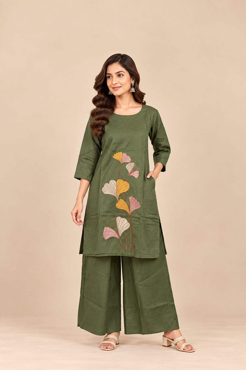 Sage Green Floral Embroidered Two-Piece Kurti Set