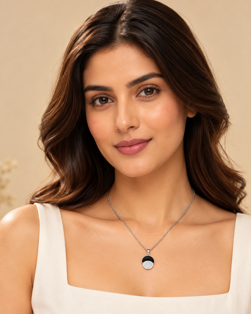Silver Black & Crystal Half-Moon Pendant Necklace
