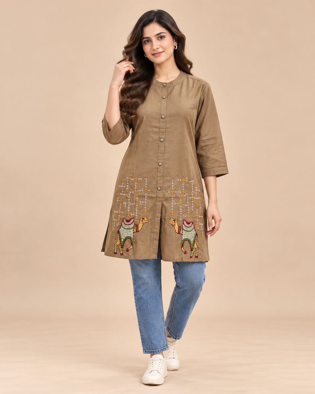 Beige Textured Button-Front Short Top