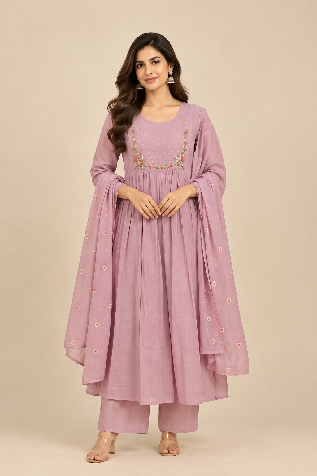 Lavender Embroidered Chanderi 3-Piece Kurti Set