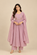 Lavender Embroidered Chanderi 3-Piece Kurti Set