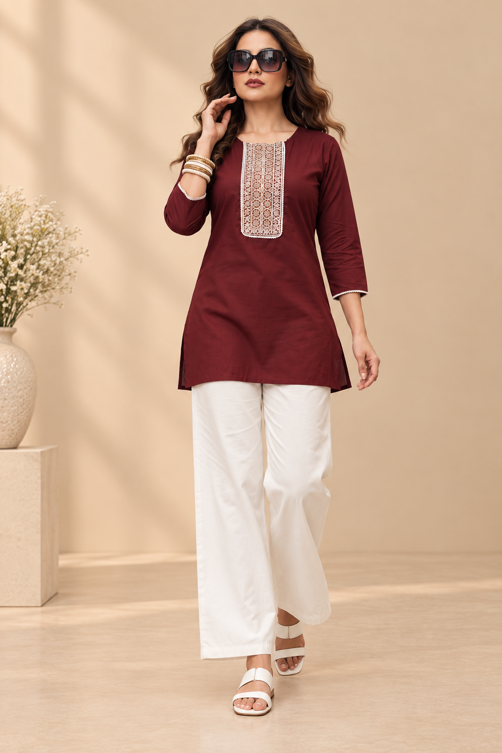Embroidered Cotton Short Top & Palazzo Co-Ord Set – Wine