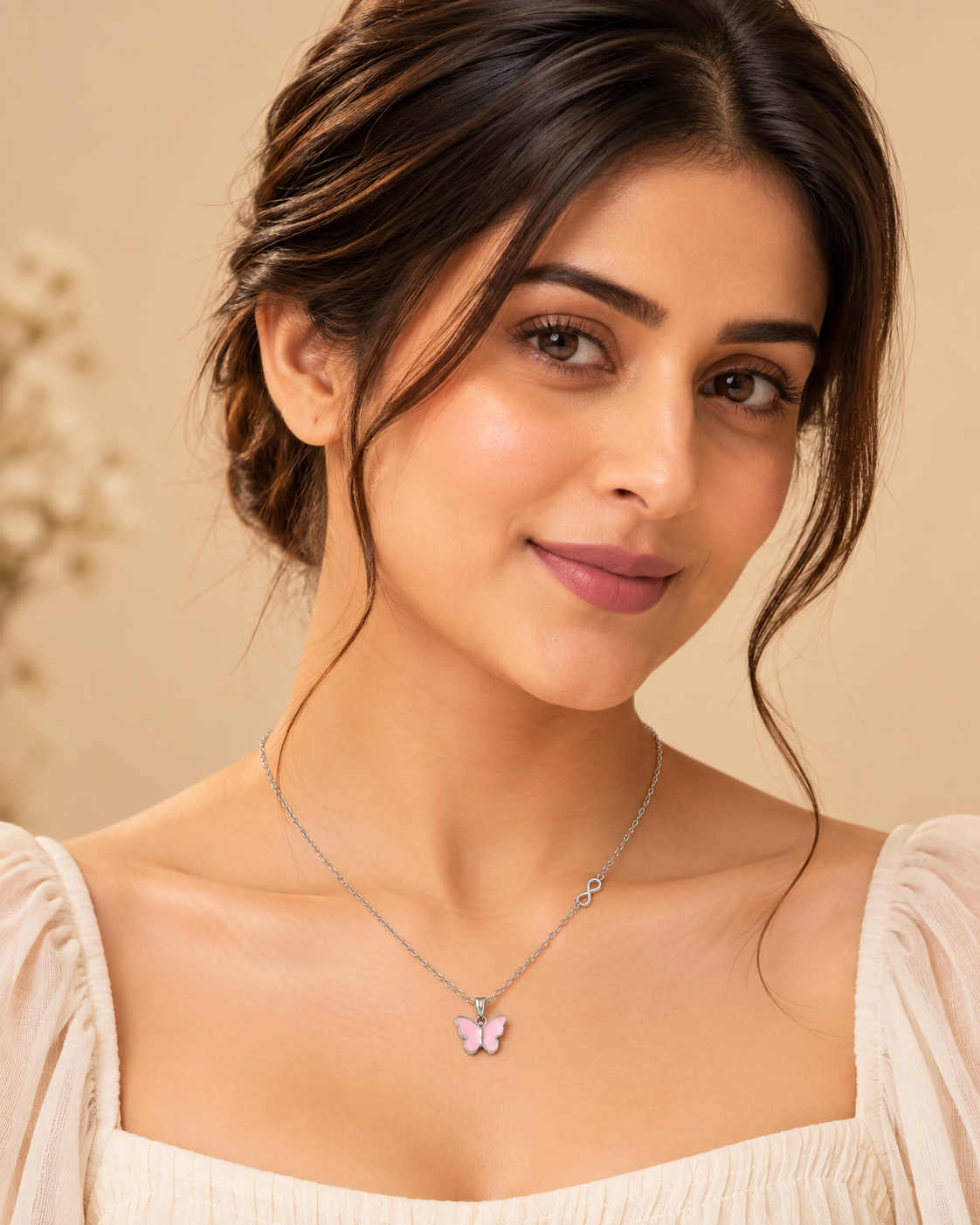 Silver Butterfly Pink Enamel Pendant Necklace