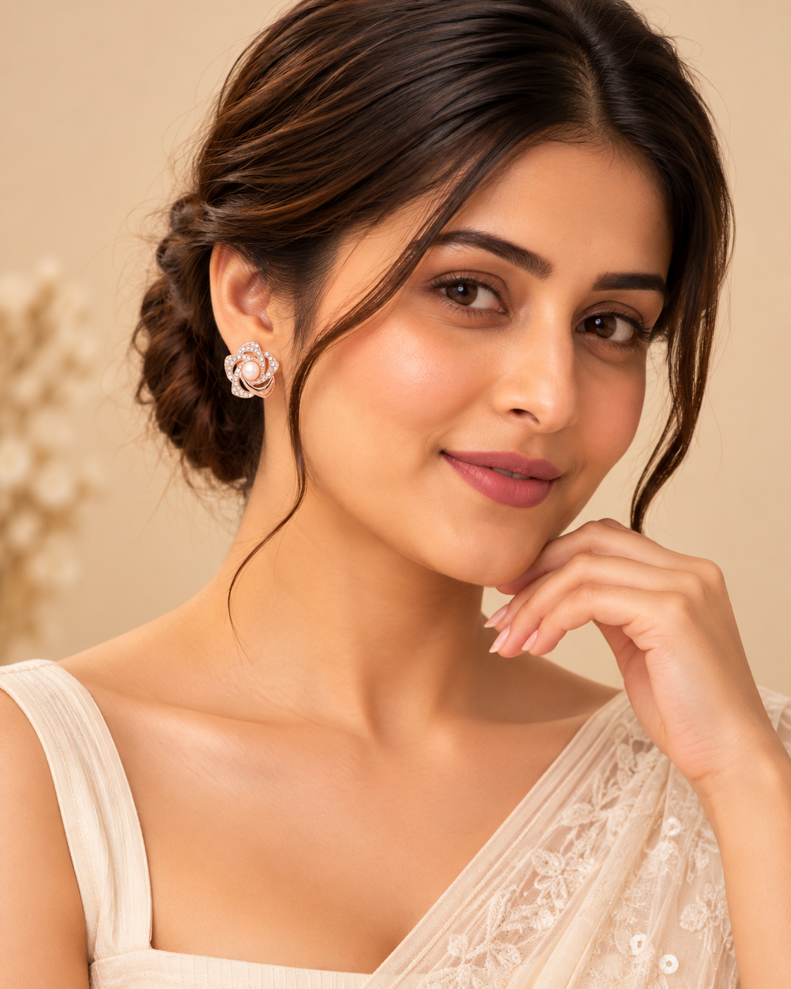 Rose Gold Floral Pearl & Crystal Stud Earrings
