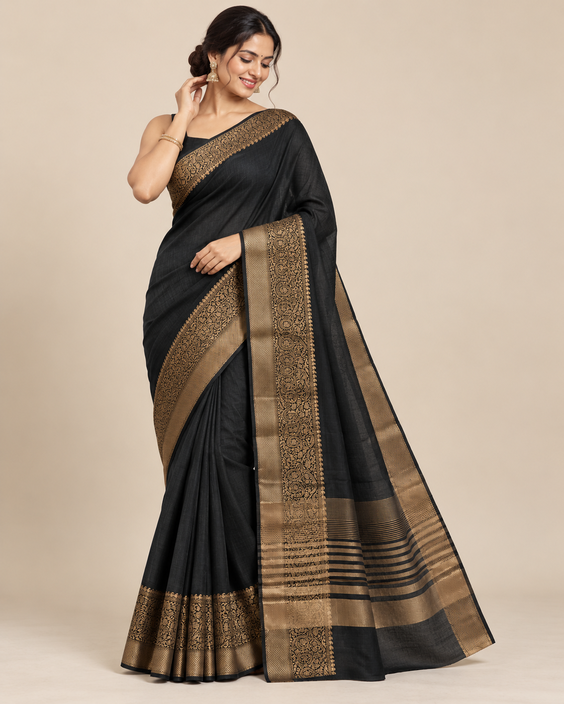 Charcoal Black Gold Raw Silk Saree
