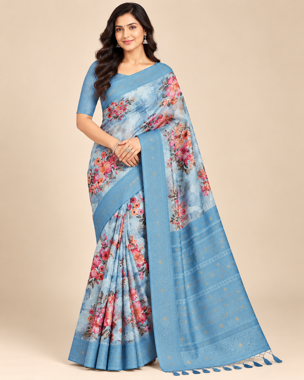 Misty Bloom Light Blue Raw Silk Saree