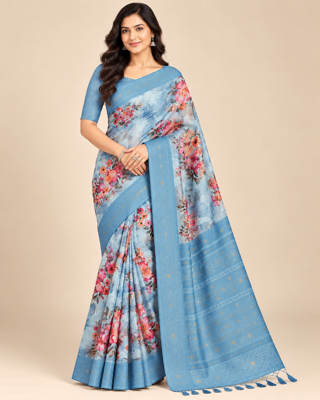 Misty Bloom Light Blue Raw Silk Saree