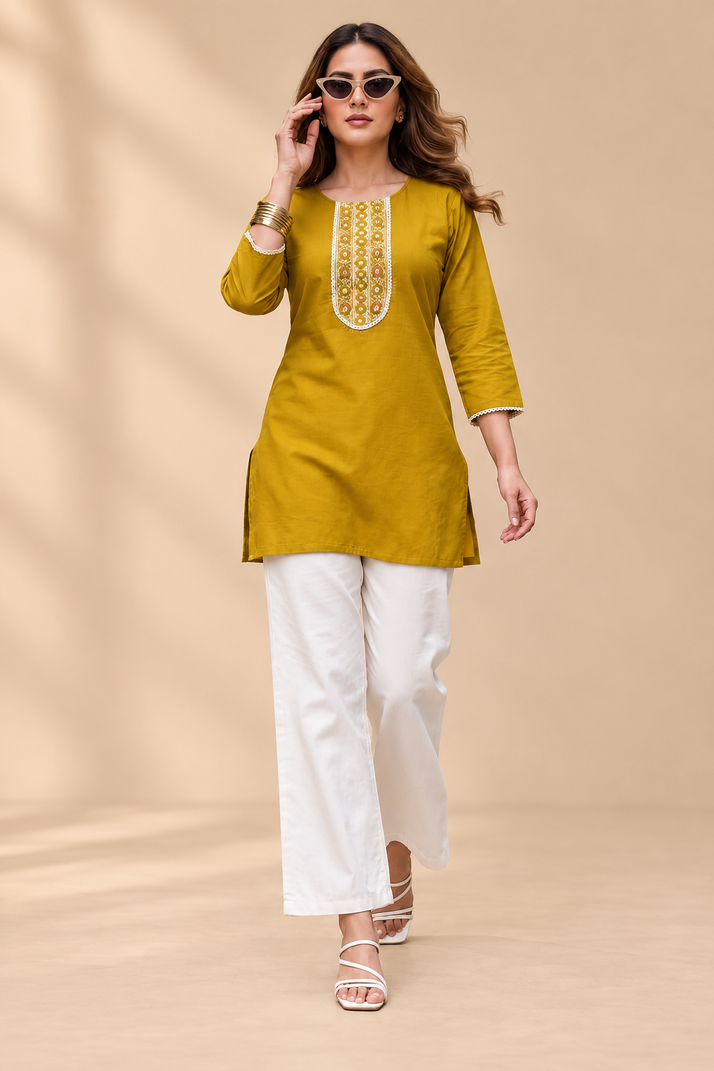 Embroidered Cotton Short Top & Palazzo Co-Ord Set - Mustard