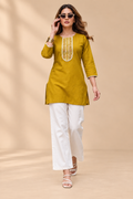 Embroidered Cotton Short Top & Palazzo Co-Ord Set - Mustard
