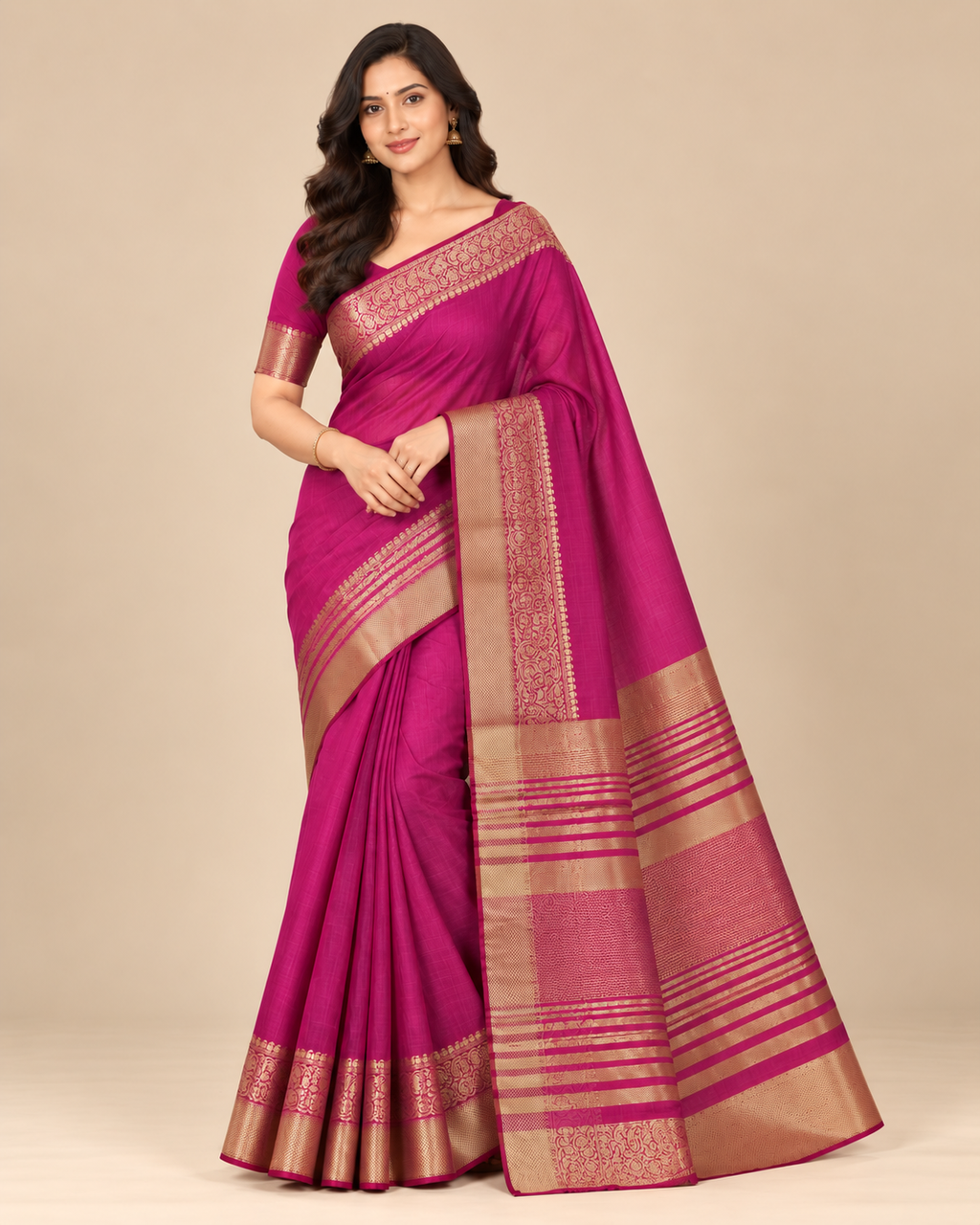 Magenta Pink Gold Zari Raw Silk Saree
