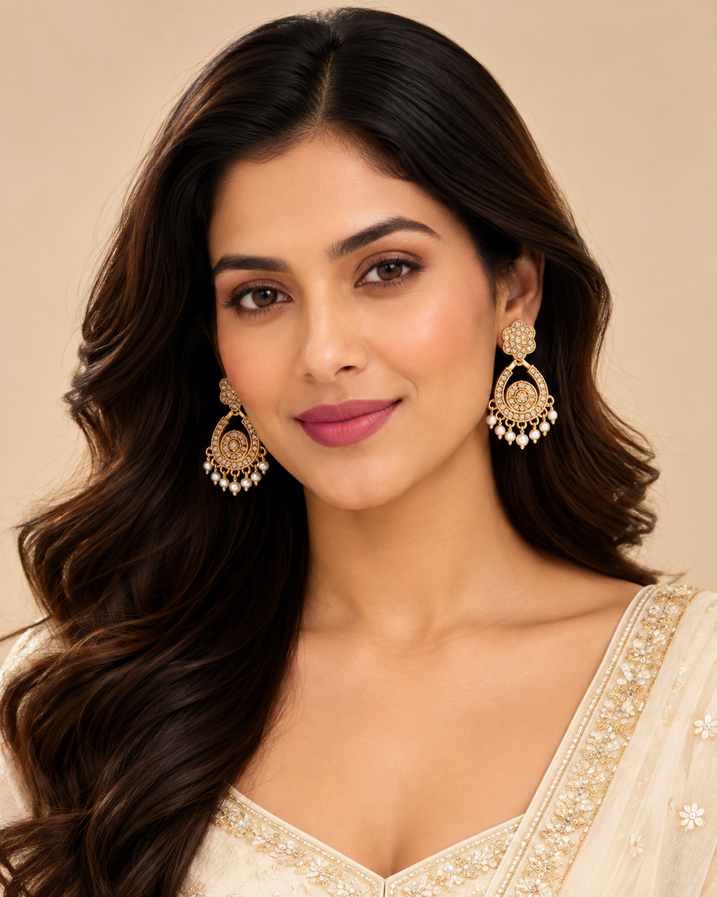 Gold Kundan Pearl Chandbali Earrings
