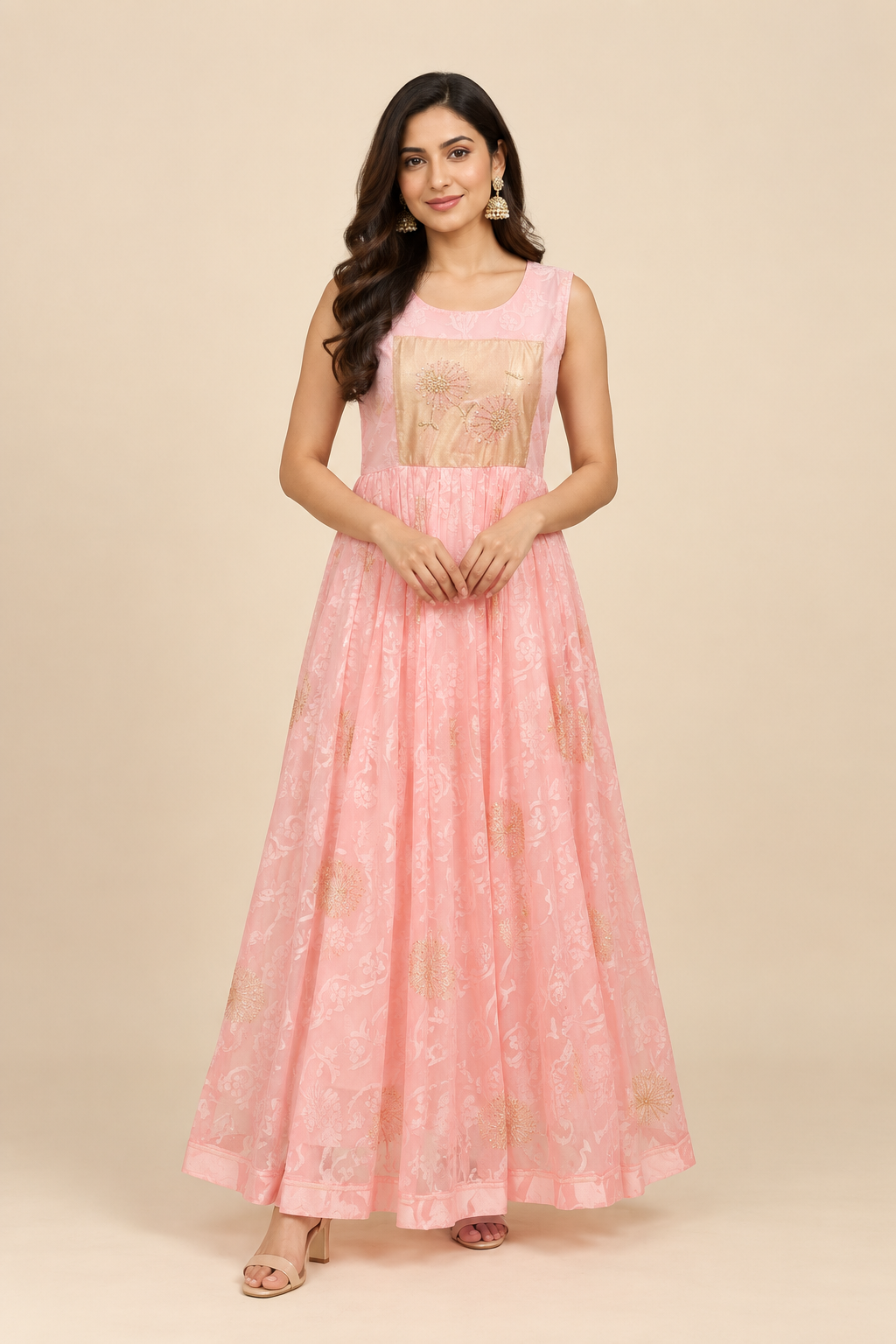 Blush Pink Floral Embroidered Dress Set