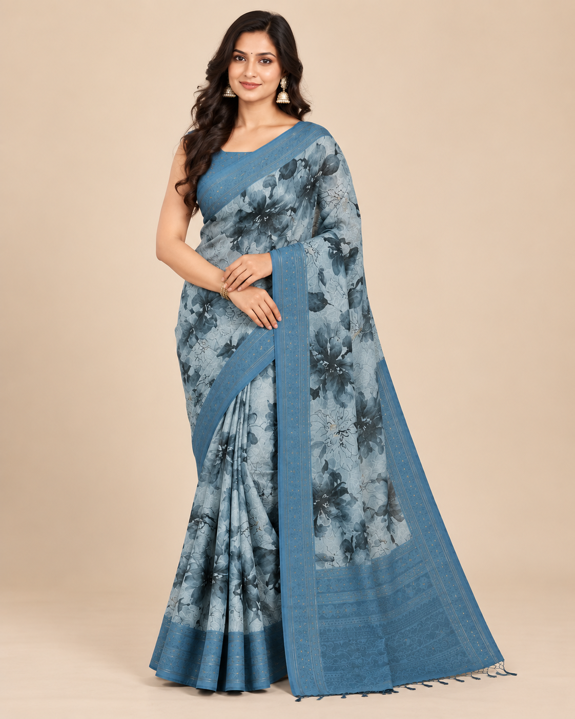 Misty Bloom Sage Grey Raw Silk Saree