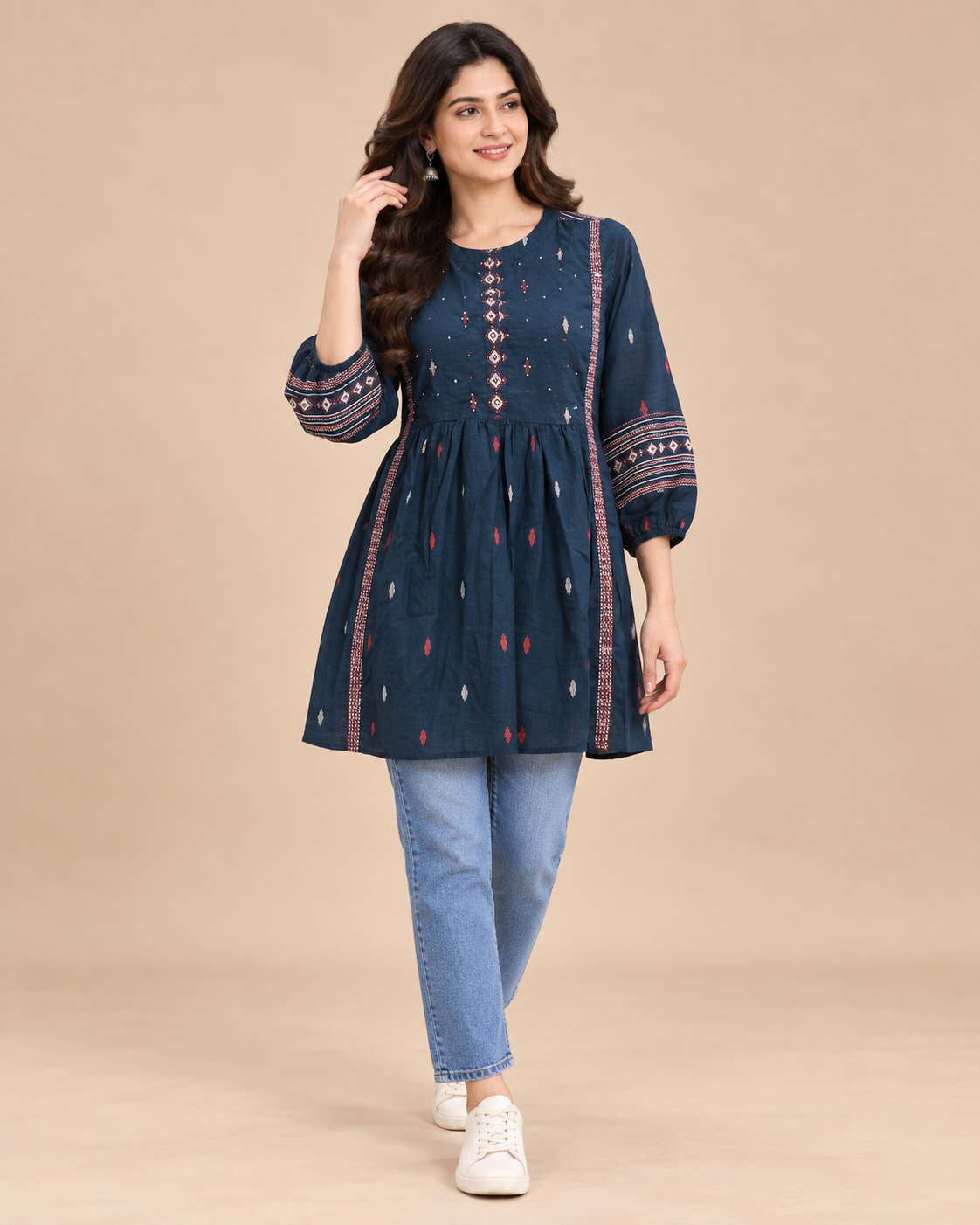 Navy Embroidered Embellished Short Top