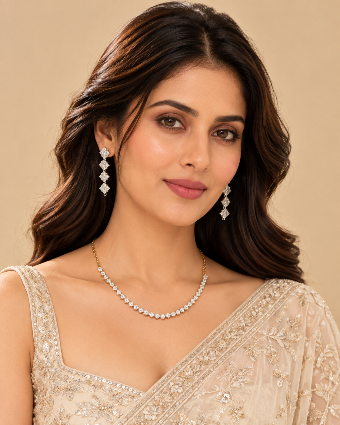 Gold-Tone Crystal Square Necklace & Drop Earrings Set