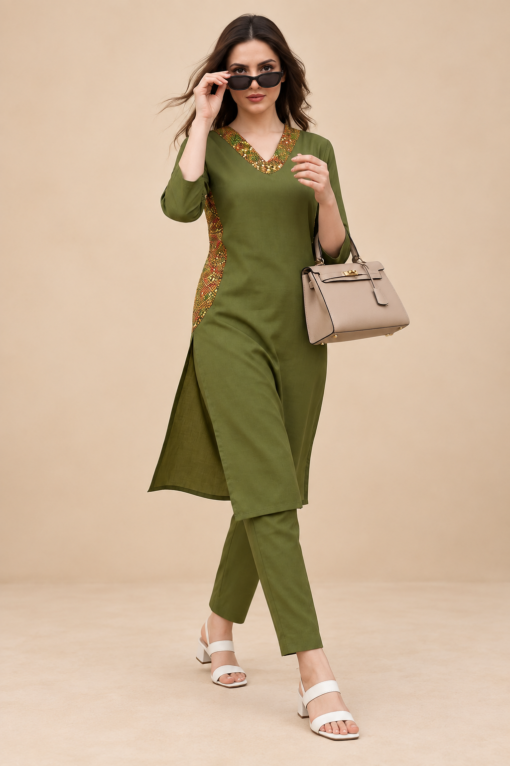 Olive Green Embroidered Kurta & Pant Set