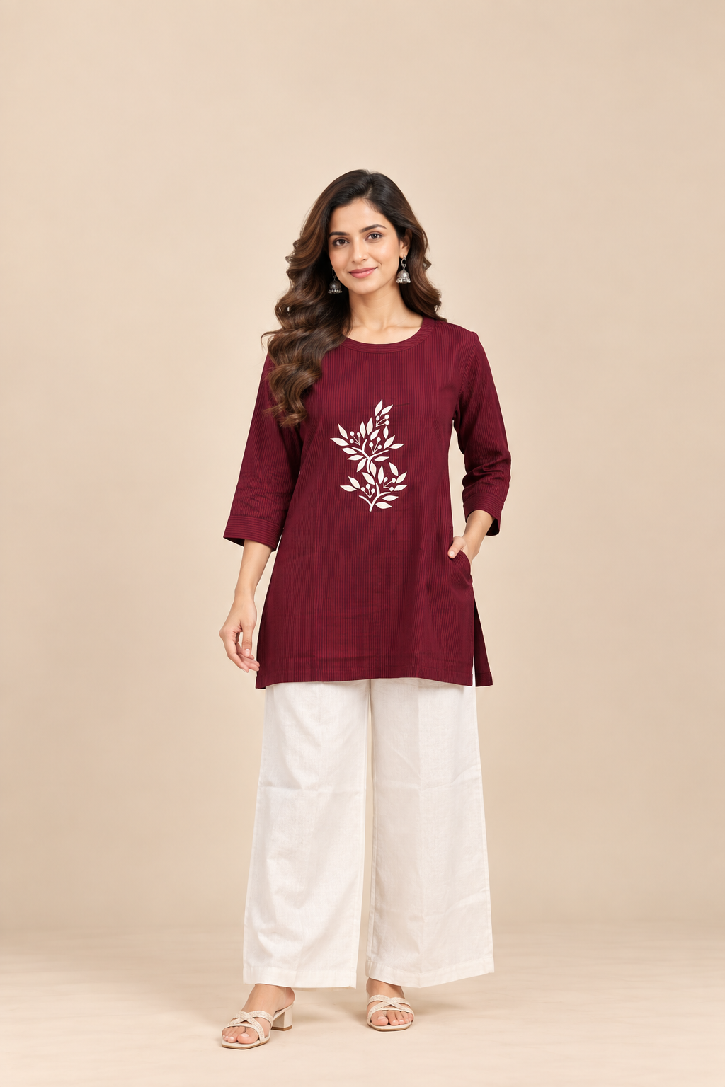 Maroon Embroidered Top & White Pant Co-Ord Set