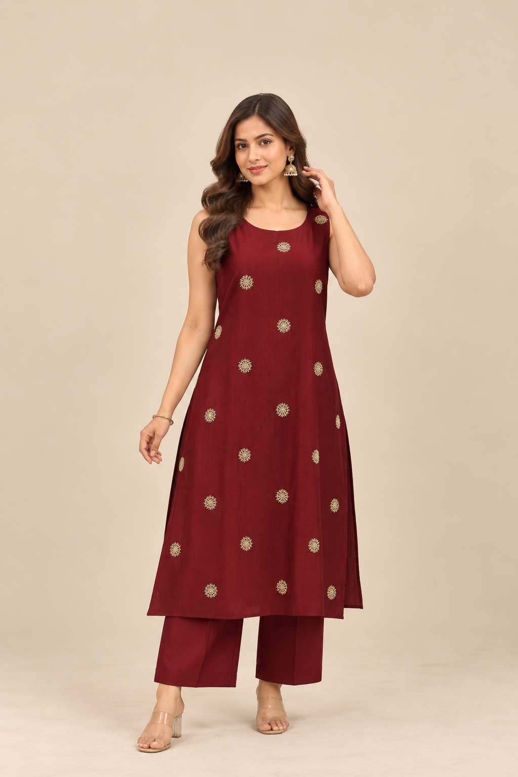 Wine Embroidered Two-Piece Kurti Set