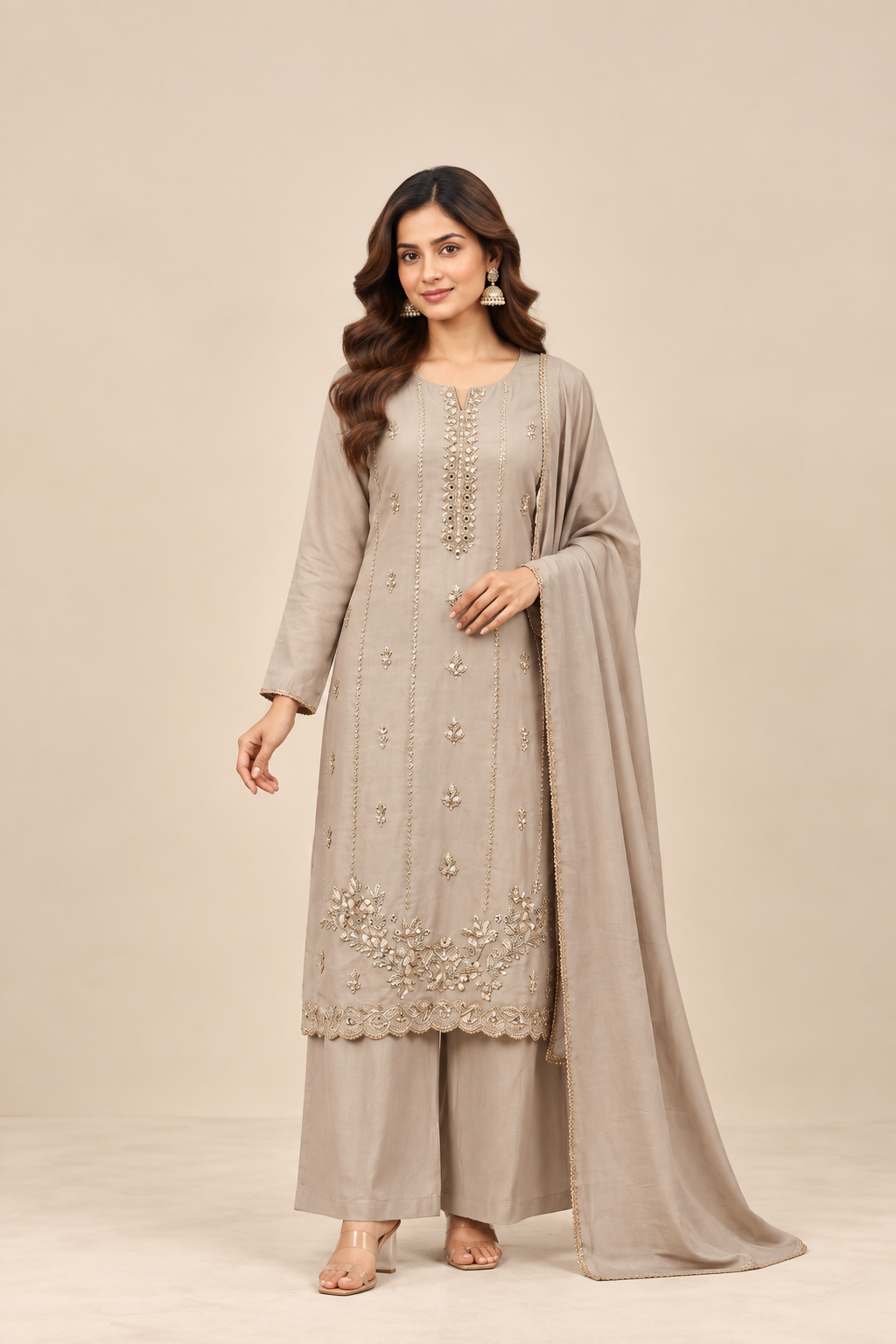 Taupe Sequin Embroidered 3-Piece Kurti Set | GLAN VIOR