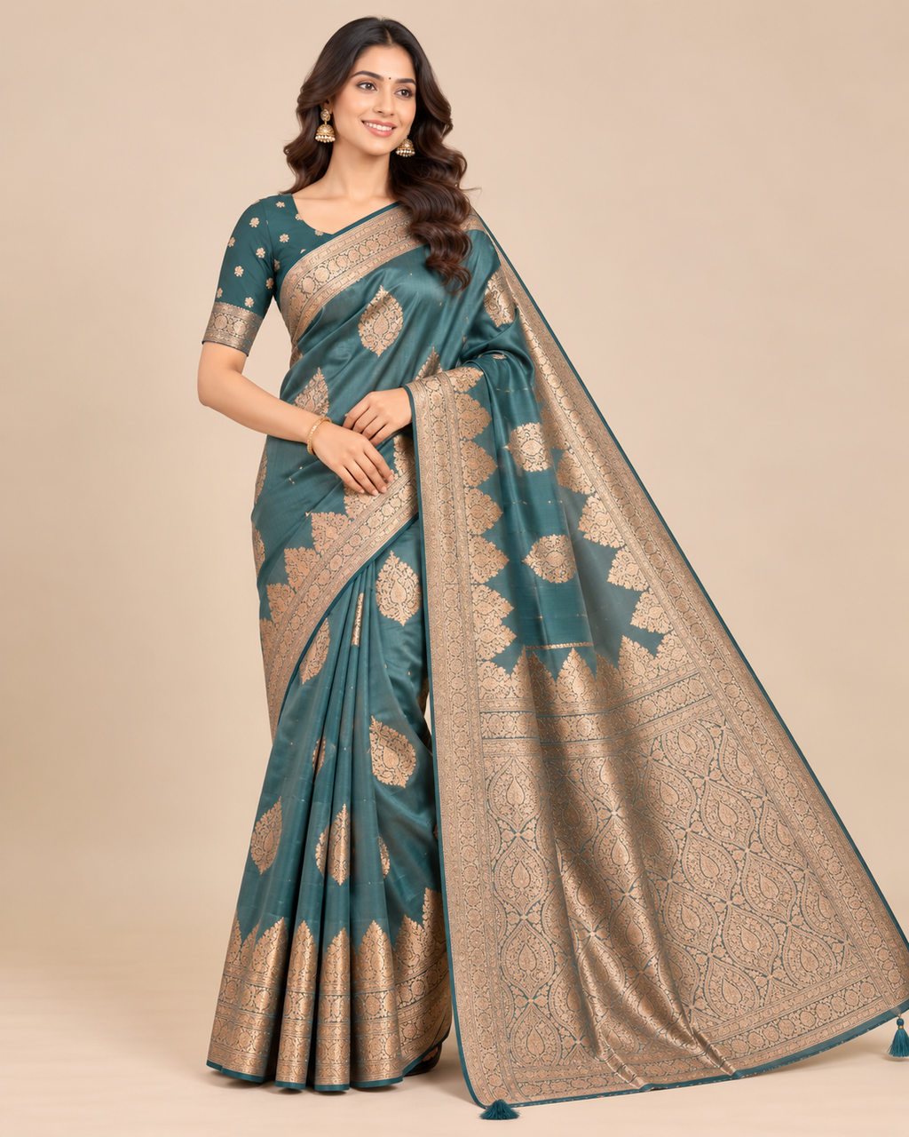 Teal Heritage Zari Raw Silk Saree