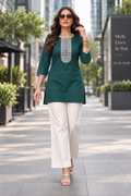 Embroidered Cotton Short Top & Palazzo Co-Ord Set – Teal
