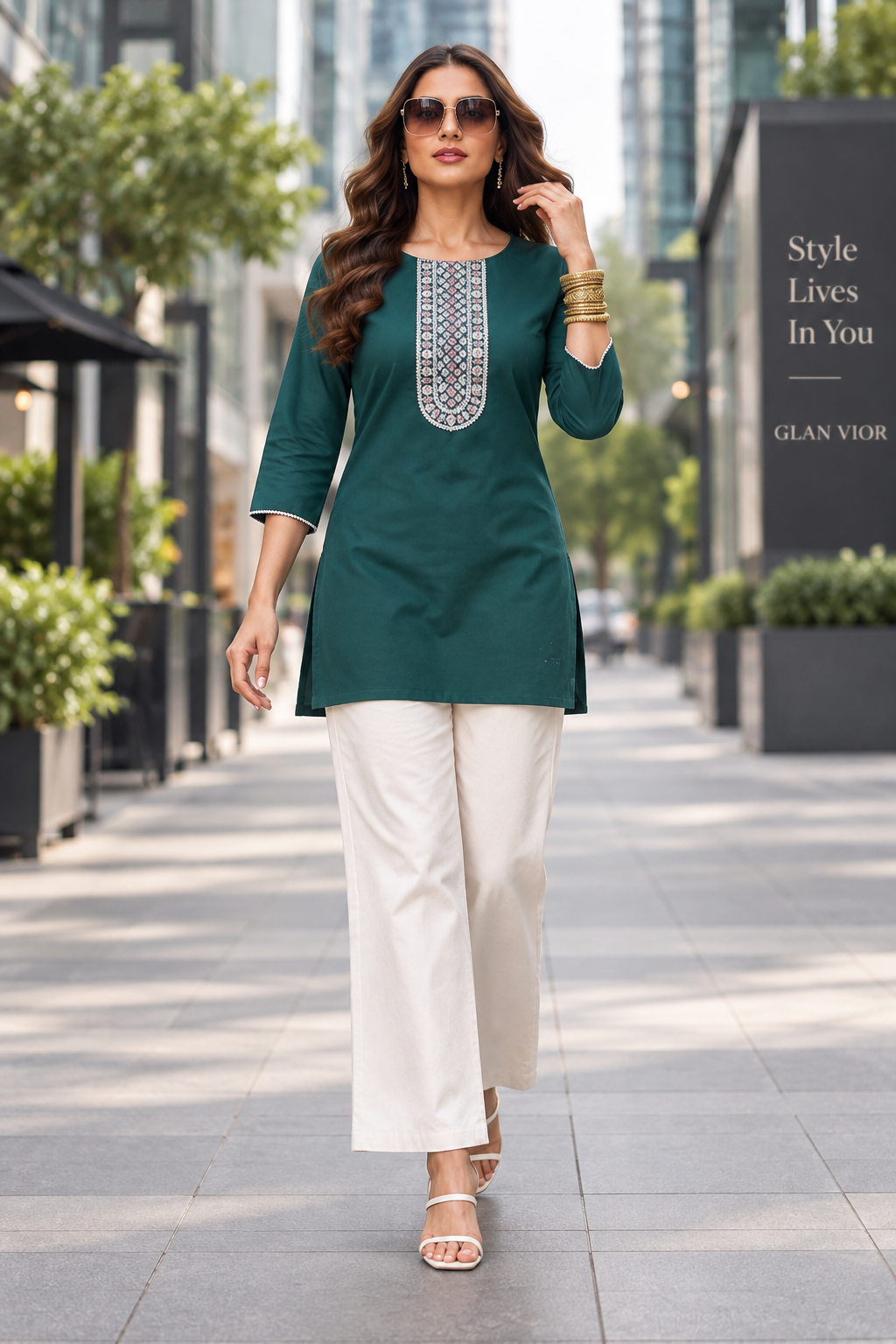 Embroidered Cotton Short Top & Palazzo Co-Ord Set – Teal