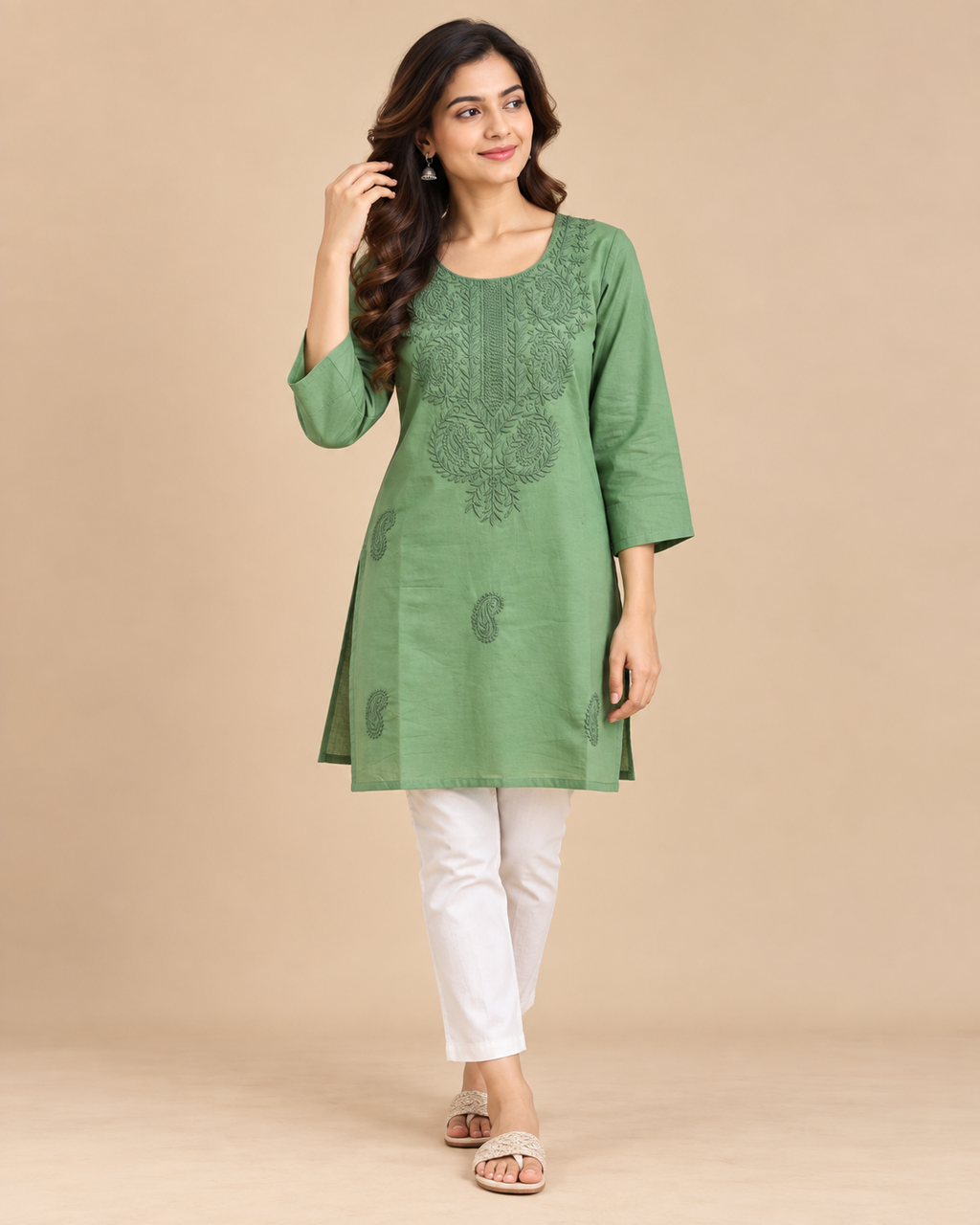 Sage Green Floral Embroidered Short Top