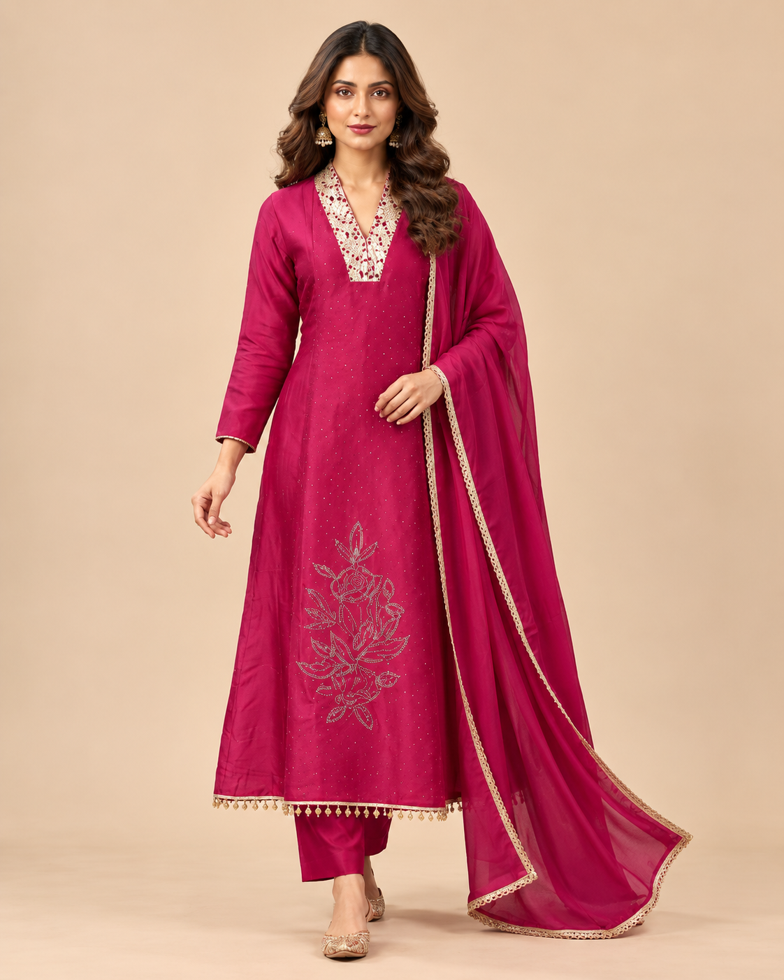 Magenta Gold Embroidered 3-Piece Kurti Set