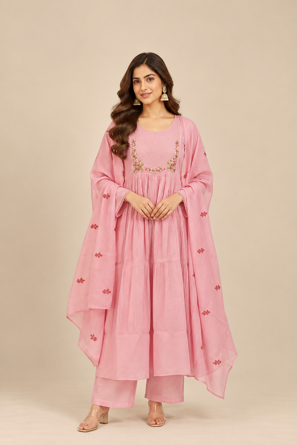Mauve Embroidered Chanderi 3-Piece Kurti Set