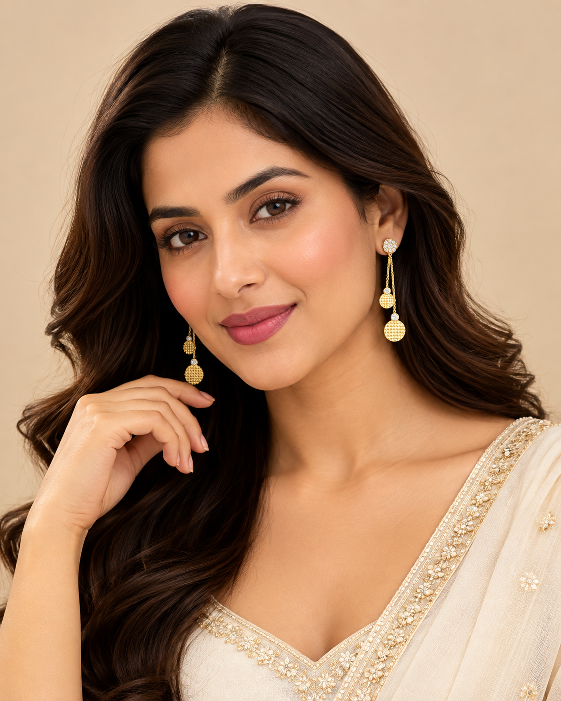 Gold Textured Double Drop Earrings with Crystal Floral Studs