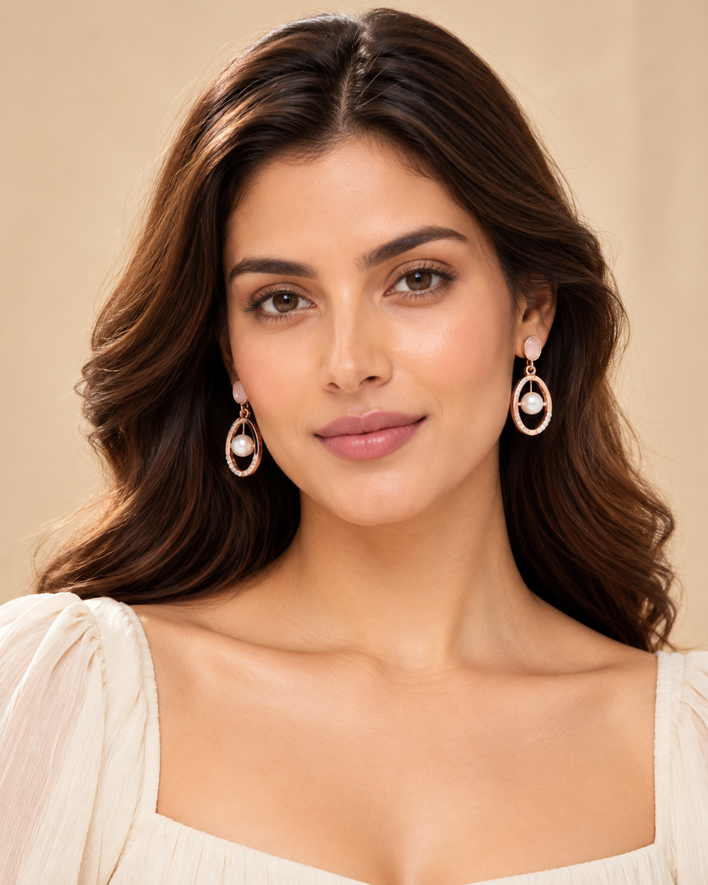 Rose Gold Pearl & Crystal Oval Drop Earrings