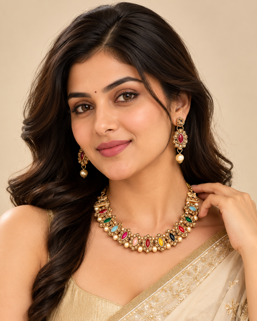 Rajwadi Multicolor Kundan Necklace Set
