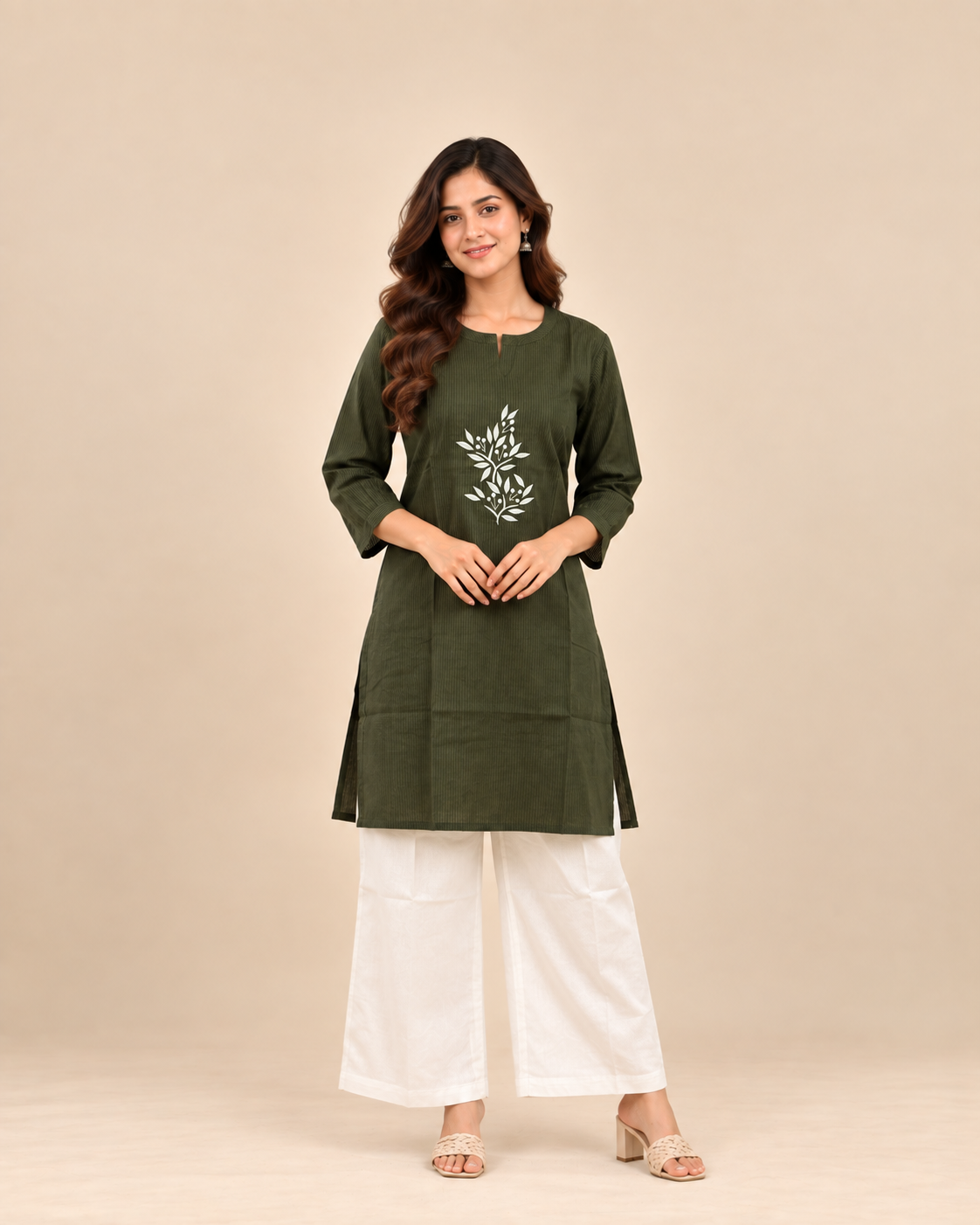Olive Green Embroidered Top & White Pant Co-Ord Set