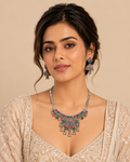 Oxidised Silver Pink & Green Beaded Necklace Set with Jhumka Earrings