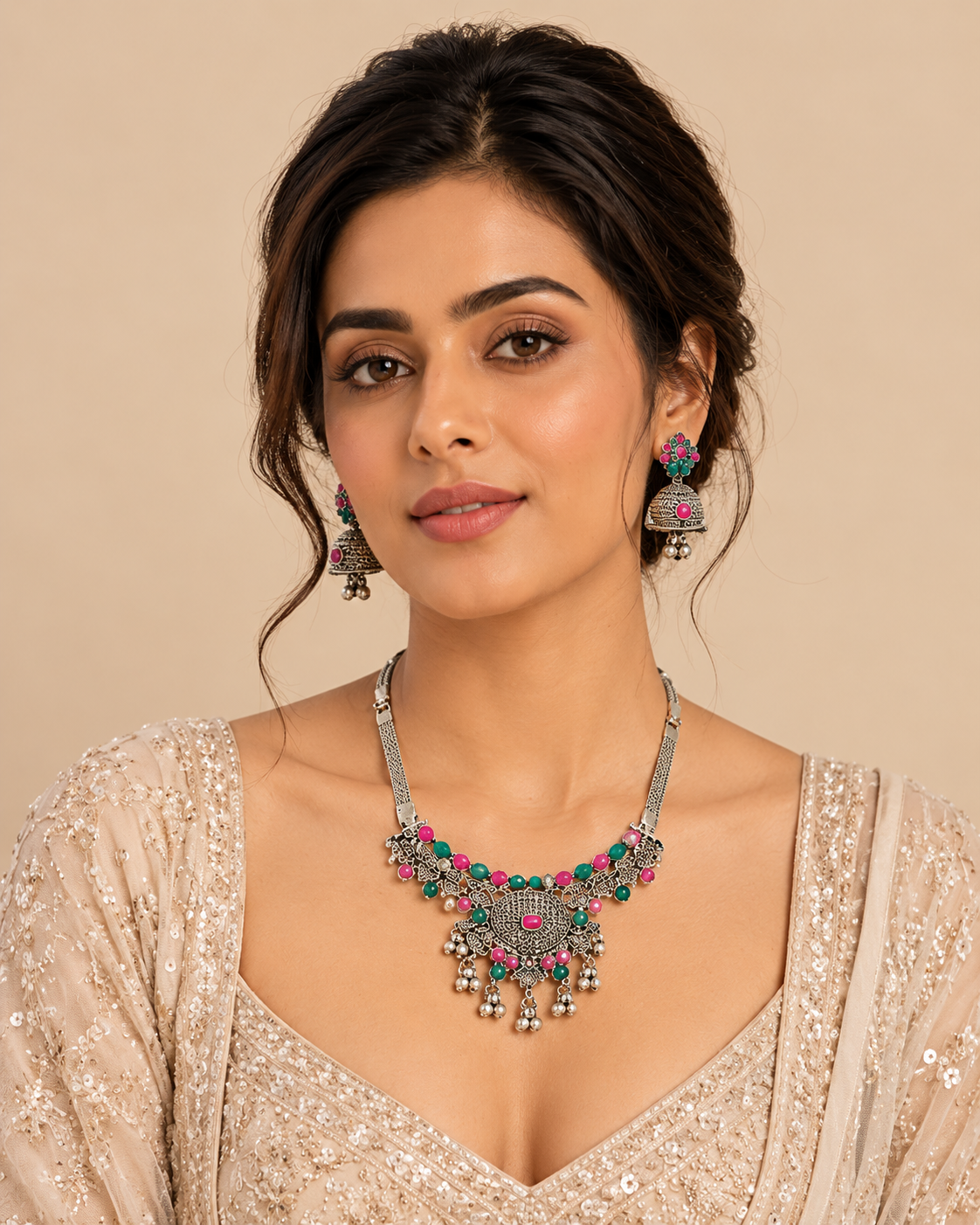 Oxidised Silver Pink & Green Beaded Necklace Set with Jhumka Earrings