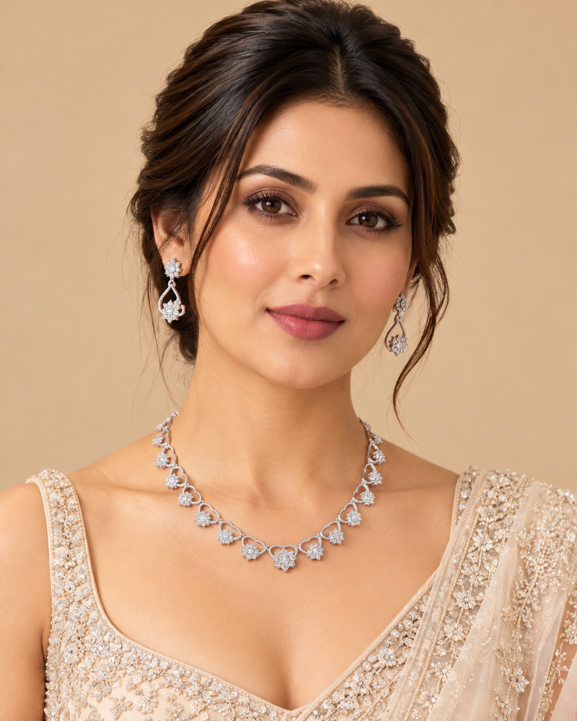 Silver Floral Crystal Necklace & Drop Earrings Set