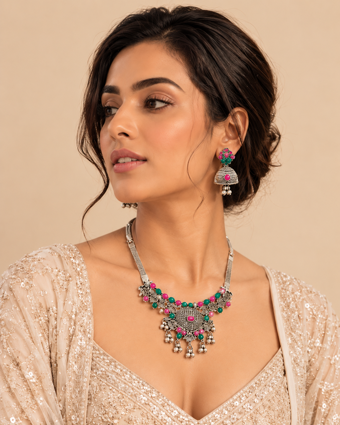 Oxidised Silver Pink & Green Beaded Necklace Set with Jhumka Earrings
