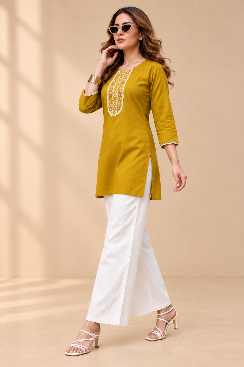 Embroidered Cotton Short Top & Palazzo Co-Ord Set - Mustard