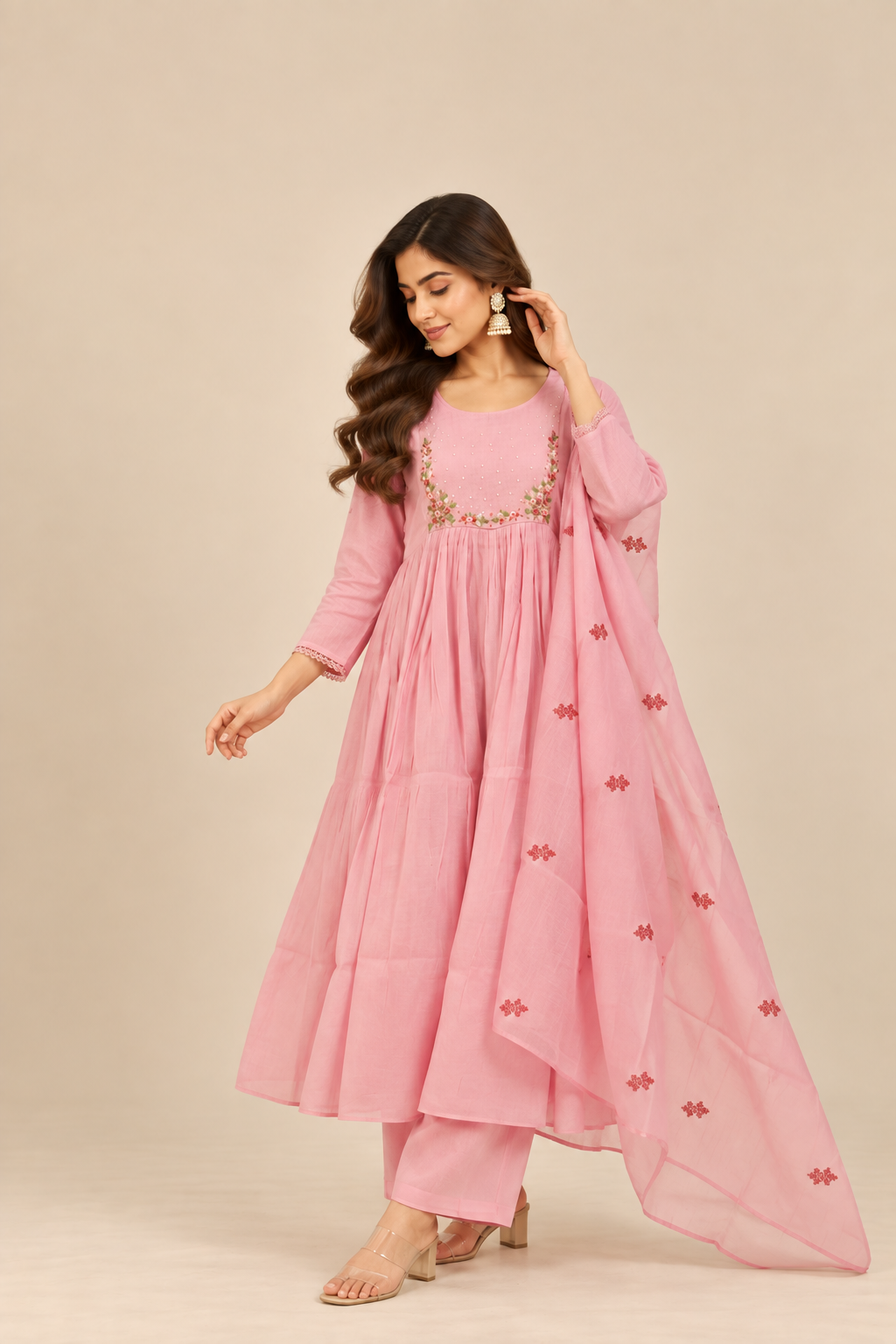 Mauve Embroidered Chanderi 3-Piece Kurti Set