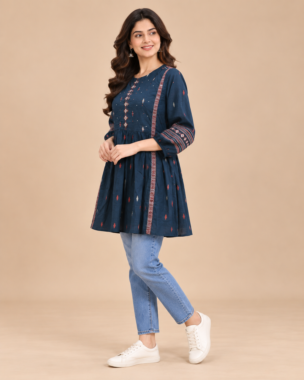 Navy Embroidered Embellished Short Top