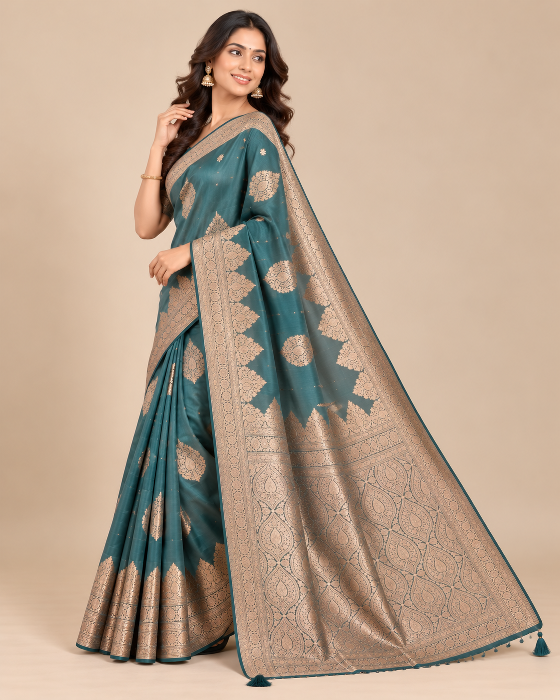Teal Heritage Zari Raw Silk Saree