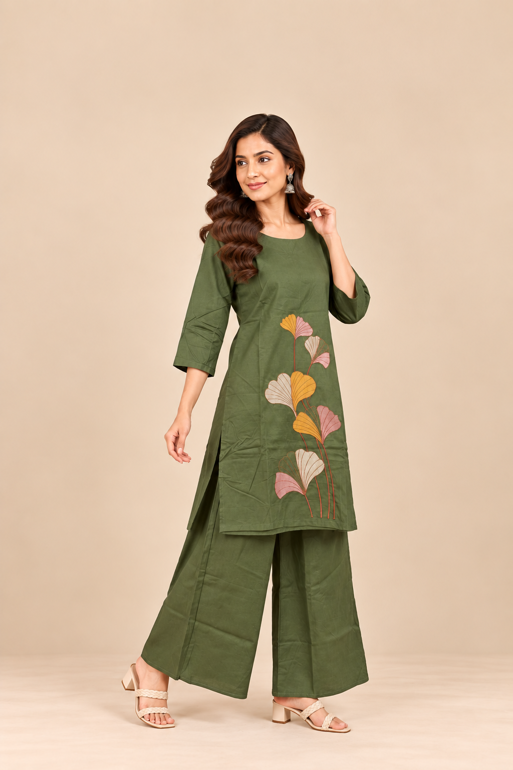 Sage Green Floral Embroidered Two-Piece Kurti Set