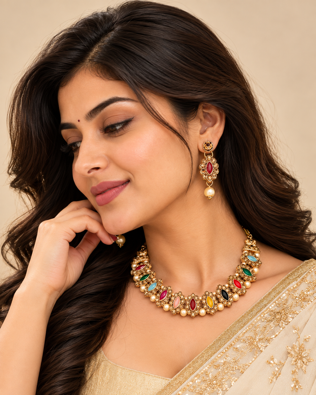 Rajwadi Multicolor Kundan Necklace Set