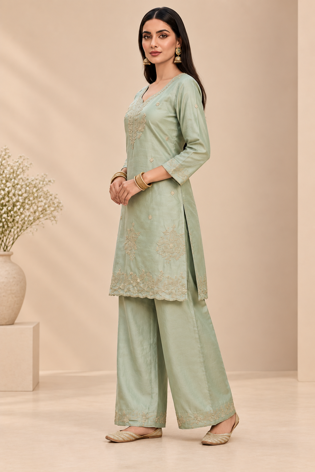 Sage Mist Embroidered 2-Piece Kurti Set