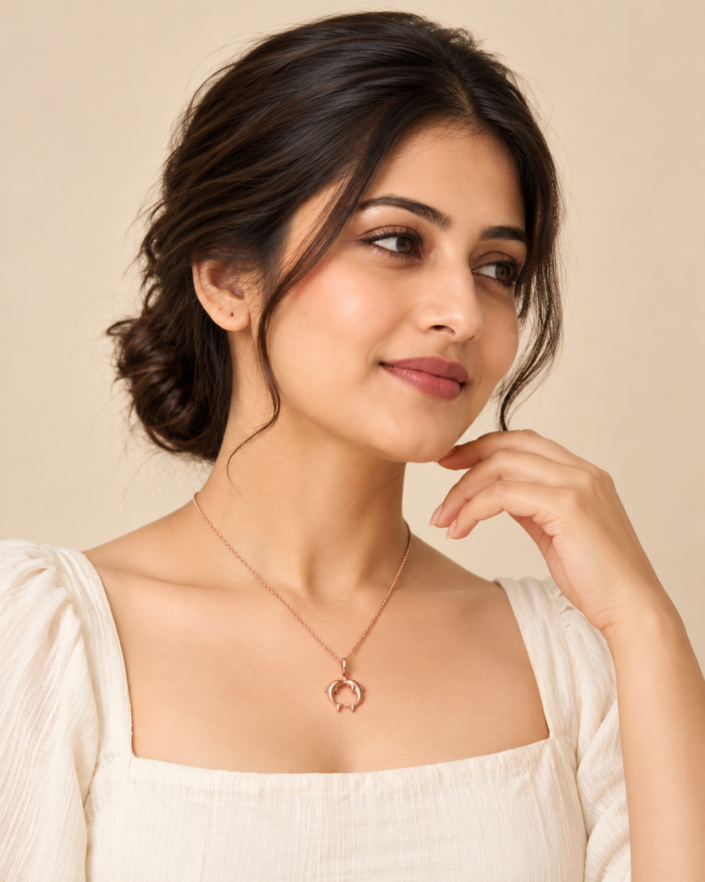 Rose Gold Twin Dolphin Pendant Necklace