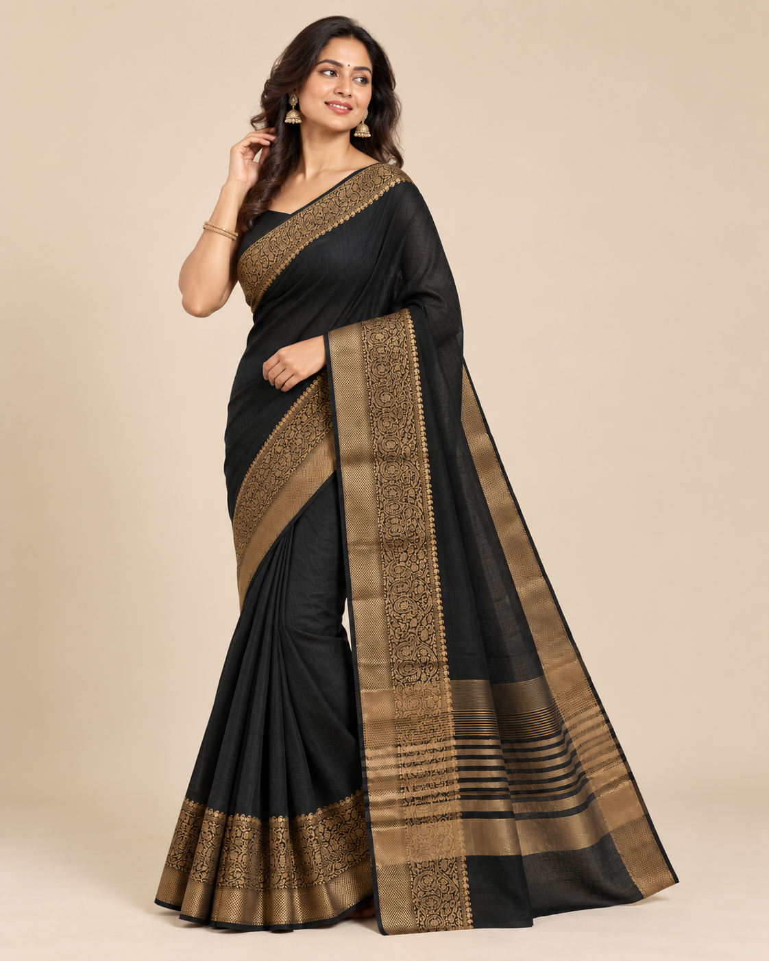 Charcoal Black Gold Raw Silk Saree