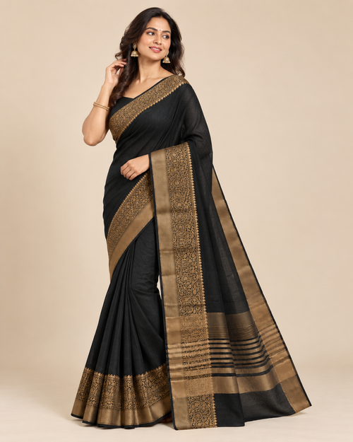 Charcoal Black Gold Raw Silk Saree