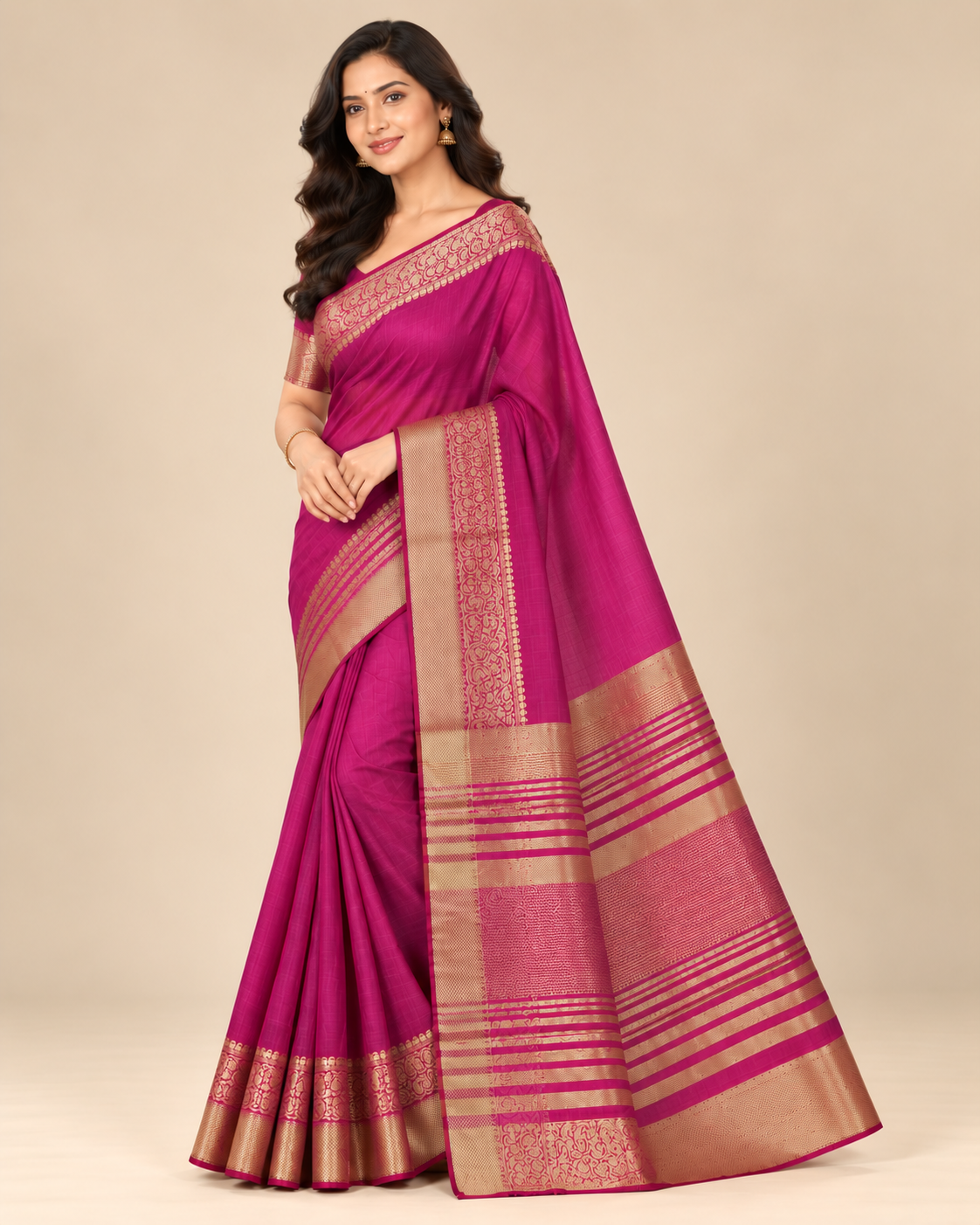 Magenta Pink Gold Zari Raw Silk Saree