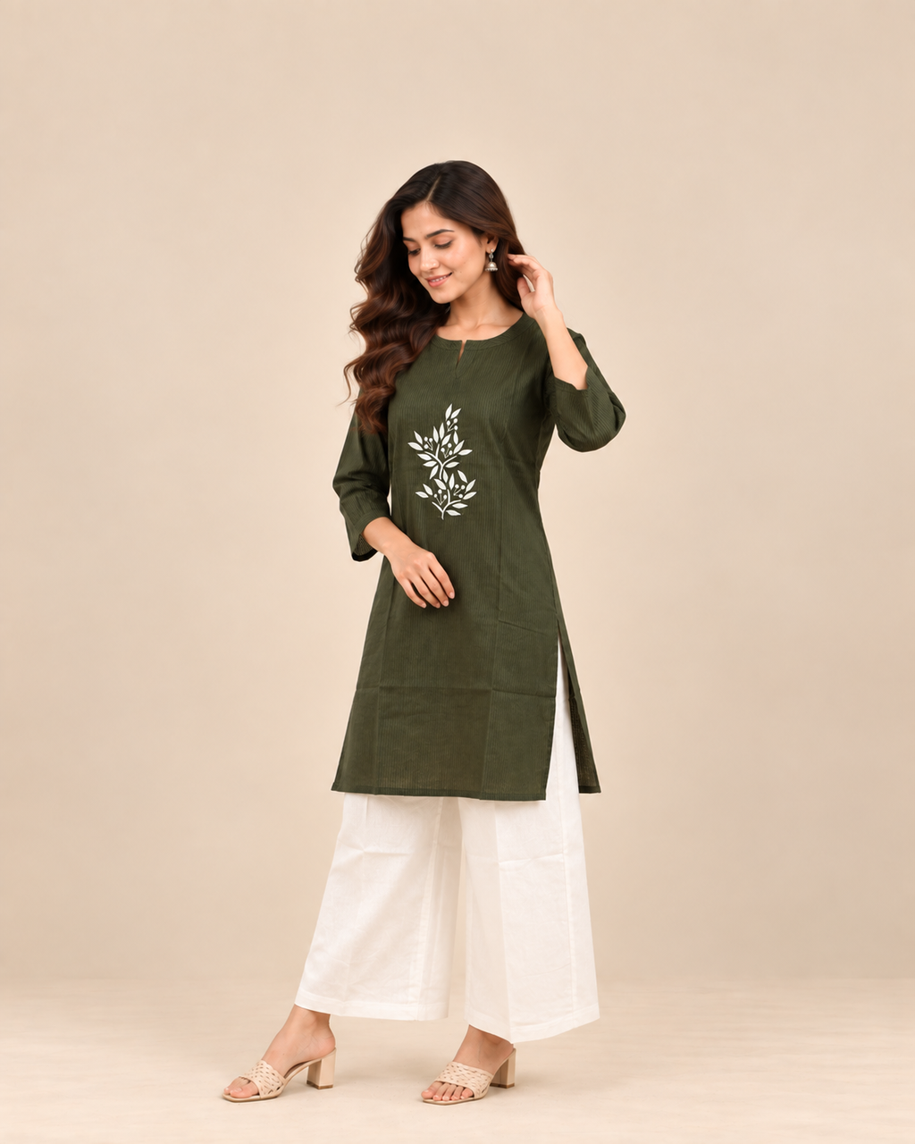 Olive Green Embroidered Top & White Pant Co-Ord Set
